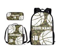Xoenoiee Set di 3 zaini personalizzati+borsa per il pranzo+astuccio per ragazzi e ragazze, design il tuo nome e numero, Verde Camo Basket, Taglia unica