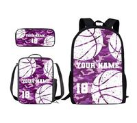 Xoenoiee Set di 3 zaini personalizzati+borsa per il pranzo+astuccio per ragazzi e ragazze, design il tuo nome e numero, Basket Viola Camo, Taglia unica