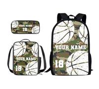 Xoenoiee Set di 3 zaini personalizzati+borsa per il pranzo+astuccio per ragazzi e ragazze, design il tuo nome e numero, Basket Verde Camo, Taglia unica