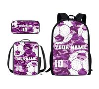 Xoenoiee Set di 3 zaini personalizzati+borsa per il pranzo+astuccio per ragazzi e ragazze, design il tuo nome e numero, Calcio Viola Camo, Taglia unica