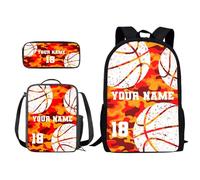 Xoenoiee Set di 3 zaini personalizzati+borsa per il pranzo+astuccio per ragazzi e ragazze, design il tuo nome e numero, Basket Vibrant Camo, Taglia unica