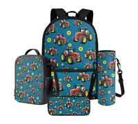 Xoenoiee Set di 4 borse scolastiche per ragazzi e ragazze, zaino grande con porta bottiglia d'acqua e astuccio, Cartoon Tractors Gear, Taglia unica, Set di zaini per la scuola