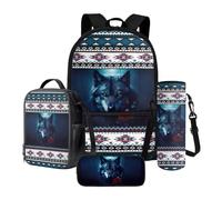 Xoenoiee Set di 4 borse scolastiche per ragazzi e ragazze, zaino grande con porta bottiglia d'acqua e astuccio, Tribù Etnica Lupo Rosa, Taglia unica, Set di zaini per la scuola