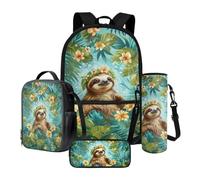 Xoenoiee Set di 4 zaini con borsa termica per il pranzo, porta bottiglia d'acqua, astuccio, forniture per il rientro a scuola per bambini, Bradipo Floreale Foglia, Taglia unica, Set di zaini per la