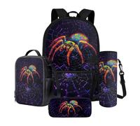 Xoenoiee Set di 4 zaini con borsa termica per il pranzo, porta bottiglia d'acqua, astuccio, forniture per il rientro a scuola per bambini, Spider e Web, Taglia unica, Set di zaini per la scuola