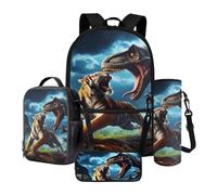 Xoenoiee Set di 4 zaini con borsa termica per il pranzo, porta bottiglia d'acqua, astuccio, materiale scolastico per bambini, Tigre feroce e dinosauro, Taglia unica, Set di zaini per la scuola