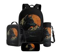 Xoenoiee Set di 4 zaini da scuola da 43,2 cm, con borsa termica per il pranzo, astuccio e porta bottiglia d'acqua, motivo lupo per ragazzi, Tramonto di Wolf Moutain, Taglia unica, Set di zaini per la