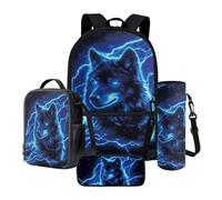 Xoenoiee Set di 4 zaini da scuola da 43,2 cm, con borsa termica per il pranzo, astuccio e porta bottiglia d'acqua, motivo lupo per ragazzi, Lupo Fulmine, Taglia unica, Set di zaini per la scuola