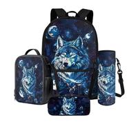 Xoenoiee Set di 4 zaini da scuola da 43,2 cm, con borsa termica per il pranzo, astuccio e porta bottiglia d'acqua, motivo lupo per ragazzi, Galassia dei pianeti del, Taglia unica, Set di zaini per la