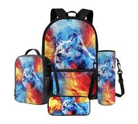 Xoenoiee Set di 4 zaini da scuola da 43,2 cm, con borsa termica per il pranzo, astuccio e porta bottiglia d'acqua, motivo lupo per ragazzi, Lupo Rosso Blu Fuoco, Taglia unica, Set di zaini per la