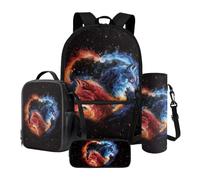 Xoenoiee Set di 4 zaini da scuola da 43,2 cm, con borsa termica per il pranzo, astuccio e porta bottiglia d'acqua, motivo lupo per ragazzi, Lupo Galassia Rosso Blu, Taglia unica, Set di zaini per la