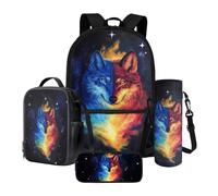 Xoenoiee Set di 4 zaini da scuola da 43,2 cm, con borsa termica per il pranzo, astuccio e porta bottiglia d'acqua, motivo lupo per ragazzi, Lupo Rosso Blu, Taglia unica, Set di zaini per la scuola