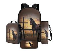 Xoenoiee Set di 4 zaini grandi con portapranzo, astuccio per matite e porta bottiglia d'acqua, per adolescenti, ragazzi e ragazze, stampa cavallo mucca, Croce di cavallo, Taglia unica, Set di zaini