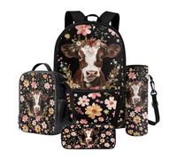 Xoenoiee Set di 4 zaini grandi con portapranzo, astuccio per matite e porta bottiglia d'acqua, per adolescenti, ragazzi e ragazze, stampa cavallo mucca, Mucca Boho Floreale, Taglia unica, Set di zaini
