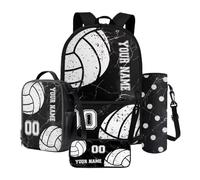Xoenoiee Set di 4 zaini grandi con portapranzo, astuccio per matite e portabottiglie per adolescenti, ragazzi e ragazze, Custom Pallavolo Nero Marmo, Taglia unica, Set di zaini per la scuola