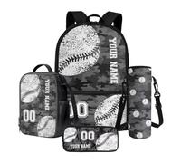 Xoenoiee Set di 4 zaini grandi con portapranzo, astuccio per matite e portabottiglie per adolescenti, ragazzi e ragazze, Personalizzato-grigio Camo Baseball, Taglia unica, Set di zaini per la scuola