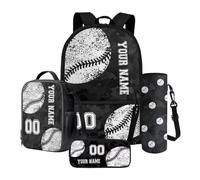 Xoenoiee Set di 4 zaini grandi con portapranzo, astuccio per matite e portabottiglie per adolescenti, ragazzi e ragazze, Personalizzato-nero Camo Baseball, Taglia unica, Set di zaini per la scuola