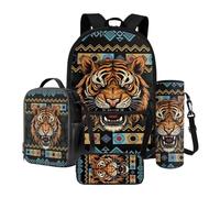 Xoenoiee Set di 4 zaini per la scuola con borsa termica per il pranzo, astuccio e portabottiglie d'acqua, regalo per il rientro a scuola, Tribù Etnica Tigre, Taglia unica, Set di zaini per la scuola