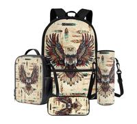 Xoenoiee Set di 4 zaini per la scuola con borsa termica per il pranzo, astuccio e portabottiglie d'acqua, regalo per il rientro a scuola, Etnico indiano tribù aquila, Taglia unica, Set di zaini per la