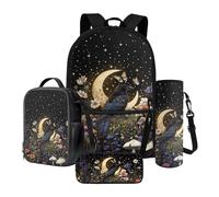 Xoenoiee Set di 4 zaini per la scuola con borsa termica per il pranzo, astuccio e portabottiglie d'acqua, regalo per il rientro a scuola, Corvo, farfalla, luna, floreale, notte stellata, Taglia unica