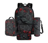 Xoenoiee Set di 4 zaini per la scuola con borsa termica per il pranzo, astuccio e portabottiglie d'acqua, regalo per il rientro a scuola, Rosa Rossa Meccanica Corvo, Taglia unica, Set di zaini per la