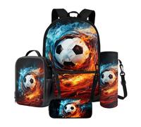 Xoenoiee Set di 4 zaini per la scuola con motivo a palline, per ragazzi e ragazze, grande zaino portapranzo con porta bottiglia d'acqua e astuccio, Acqua e fuoco del pallone da calcio, Taglia unica