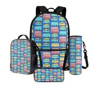 Xoenoiee Set di 4 zaini per la scuola da 43 cm, borsa termica per il pranzo, porta bottiglia d'acqua, astuccio per matite, set per libri per bambini e studenti, Autobus scolastici Cartoon, Taglia