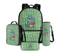 Xoenoiee Set di 4 zaini per la scuola da 43 cm, borsa termica per il pranzo, porta bottiglia d'acqua, astuccio per matite, set per libri per bambini e studenti, Cartoon Dinosaur Book Net, Taglia unica