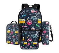 Xoenoiee Set di 4 zaini per la scuola da 43 cm, borsa termica per il pranzo, porta bottiglia d'acqua, astuccio per matite, set per libri per bambini e studenti, Cartoon Bus e Cancelleria, Taglia unica