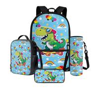 Xoenoiee Set di 4 zaini per la scuola da 43 cm, borsa termica per il pranzo, porta bottiglia d'acqua, astuccio per matite, set per libri per bambini e studenti, Skateboard arcobaleno dinosauro cartone