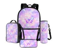 Xoenoiee Set di 4 zaini per la scuola per bambini con scatola termica per il pranzo, astuccio, portabottiglie d'acqua, per ragazzi e ragazze, Farfalla Colorata Tie-Dye, Taglia unica, Set di zaini per