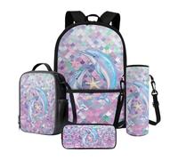 Xoenoiee Set di 4 zaini per la scuola per bambini con scatola termica per il pranzo, astuccio, portabottiglie d'acqua, per ragazzi e ragazze, Delfino Stella Marina Sirena Scala, Taglia unica, Set di