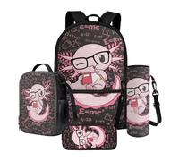 Xoenoiee Set di 4 zaini per la scuola per bambini con scatola termica per il pranzo, astuccio, portabottiglie d'acqua, per ragazzi e ragazze, Axolotl Math Geometrico Rosa, Taglia unica, Set di zaini