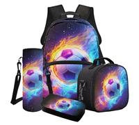 Xoenoiee Set di 4 zaini per ragazzi e ragazze, con borsa termica per il pranzo e astuccio portamatite, portabottiglie per la scuola, motivo palle, Palla da calcio Galaxy Fire