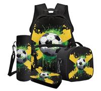 Xoenoiee Set di 4 zaini per ragazzi e ragazze, con borsa termica per il pranzo e astuccio portamatite, portabottiglie per la scuola, motivo palle, Pallone da calcio con vernice verde