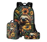 Xoenoiee Set di zaini 3 in 1 con simpatici animali, include zaino per la scuola, borsa per il pranzo e astuccio con motivo floreale, Foglia di girasole bradipo