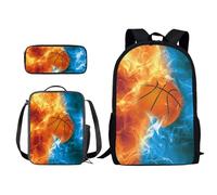 Xoenoiee Set di zaini per bambini per studenti scolastici, set da 3 pezzi, borsa leggera con portapranzo, astuccio per matite per ragazzi e ragazze, Pallacanestro Fuoco, Taglia unica