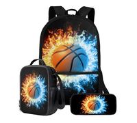 Xoenoiee Set di zaini per bambini, ragazzi e ragazze, 43,2 cm, con borsa per il pranzo, astuccio per matite, borsa per libri elementari, set da 3 pezzi, Basket e Blue Red Fire