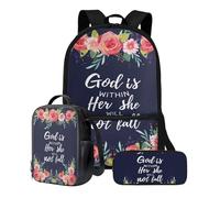 Xoenoiee Set di zaini per ragazzi e ragazze, 43,2 cm, con borsa per il pranzo, astuccio per matite, 3 articoli scolastici per studenti, Dio floreale è dentro di lei