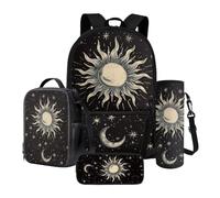 Xoenoiee Set di zaino con borsa per il pranzo, portapenne e portabottiglie per bambini, studenti, set da 4 pezzi, per ragazzi e ragazze, Celeste Sole Luna Stelle, Taglia unica, Set di zaini per la