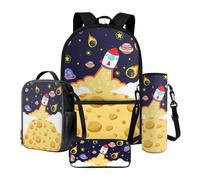 Xoenoiee Set di zaino con borsa per il pranzo, portapenne e portabottiglie per bambini, studenti, set da 4 pezzi, per ragazzi e ragazze, Universo dei Pianeti Razzo, Taglia unica, Set di zaini per la