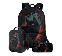 Xoenoiee Set di zaino per bambini, ragazzi e ragazze, borsa per la scuola, con borsa per il pranzo, astuccio per matite, libreria, set da 3 pezzi, con simpatiche stampe di animali, Rosa Gatta Nera