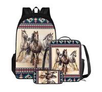 Xoenoiee Set di zaino per bambini, ragazzi e ragazze, grande borsa da scuola con borsa per il pranzo, astuccio per matite per la scuola elementare elementare, Tribù Azteca Cavallo