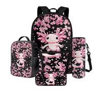 Xoenoiee Set di zaino per la scuola, borsa termica per il pranzo, porta bottiglia d'acqua, astuccio per matite, set da 4 pezzi, per bambini e studenti, Rosa Axolotl Fiori di Ciliegio, Taglia unica