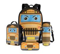 Xoenoiee Set di zaino per la scuola, borsa termica per il pranzo, porta bottiglia d'acqua, astuccio per matite, set da 4 pezzi, per bambini e studenti, Scuolabus Cartoon, Taglia unica, Set di zaini