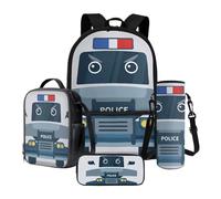 Xoenoiee Set di zaino per la scuola, borsa termica per il pranzo, porta bottiglia d'acqua, astuccio per matite, set da 4 pezzi, per bambini e studenti, Auto della polizia del fumetto, Taglia unica