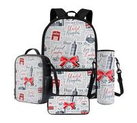 Xoenoiee Set di zaino per la scuola con portapranzo, astuccio per matite e portabottiglie per adolescenti, bambini, scuola elementare e media, Bowknot Notizie Pagina, Taglia unica, Set di zaini per la