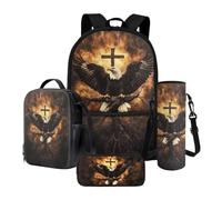 Xoenoiee Set di zaino per la scuola con portapranzo, astuccio per matite e portabottiglie per adolescenti, bambini, scuola elementare e media, Croce di Fuoco Aquila, Taglia unica, Set di zaini per la