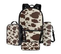 Xoenoiee Set di zaino per la scuola con portapranzo, astuccio per matite e portabottiglie per adolescenti, bambini, scuola elementare e media, Macchia di mucca marrone, Taglia unica, Set di zaini per