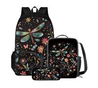 Xoenoiee Set zaino con borsa per il pranzo e astuccio, set zaino per la scuola per ragazzo e ragazza, zaino casual per scuola e viaggio, Libellula Boho Floreale